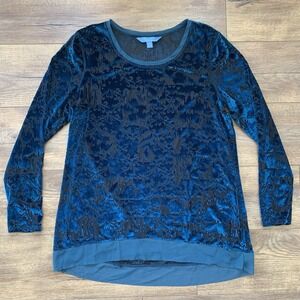 Simply Vera Wang Petite XL Teal Blue Black Burnout Velvet Long Sleeve Top